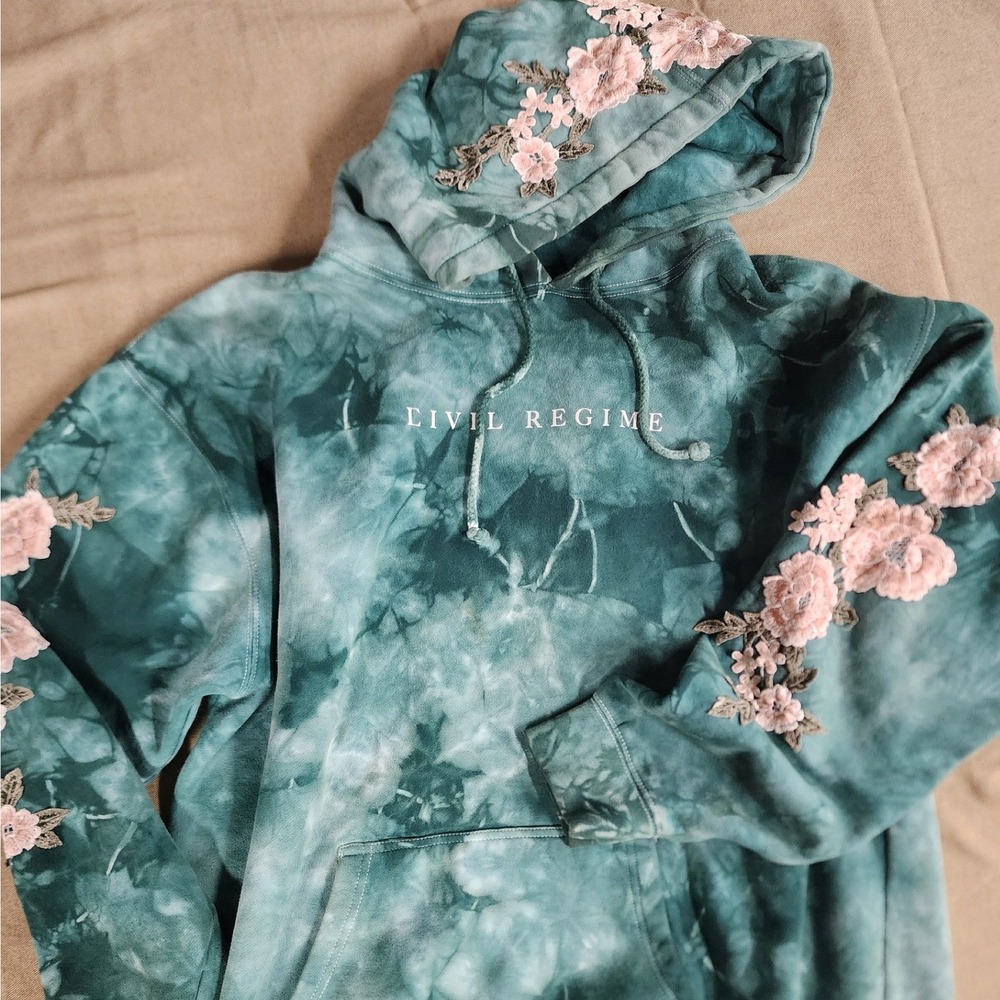 ✨️Civil Regime Aqua Marble Rose Hoodie Tie Dye Embroidered Floral L streetwear